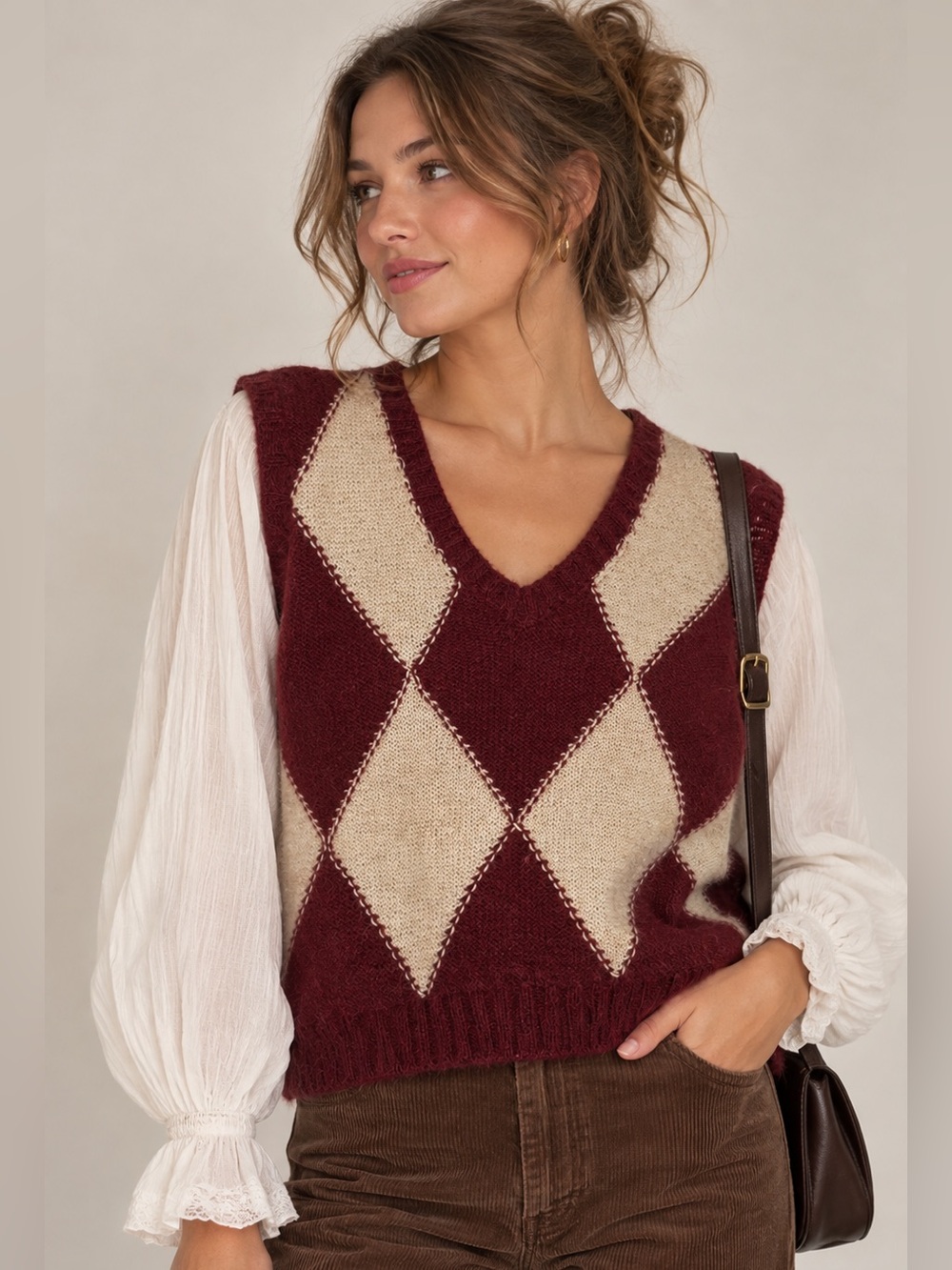 Vintage Wool Argyle Sweater Vest Burgundy Cream Preppy Academia academia